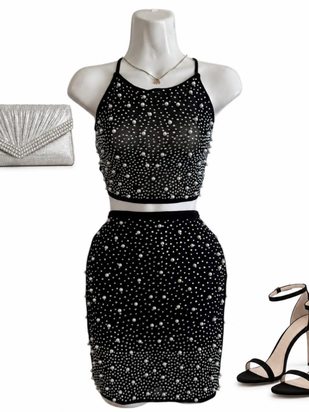 Fashion Nova Black Rhinestone Pearl Two Piece Skirt Set Small